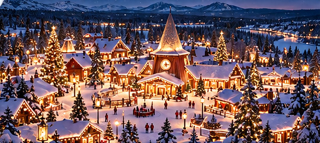 Vue du village du Père Noël enneigé, illuminé à la tombée de la nuit