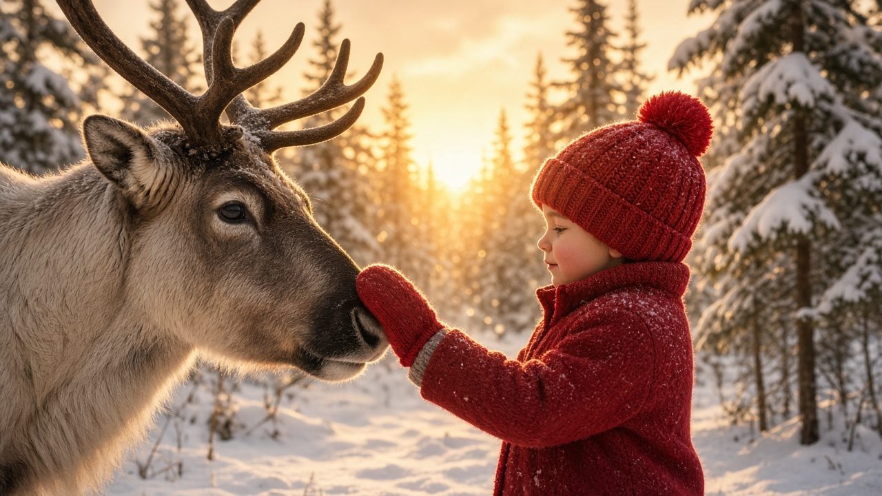 Un enfant caresse le nez d'un renne dans la forêt enneigée au coucher du soleil