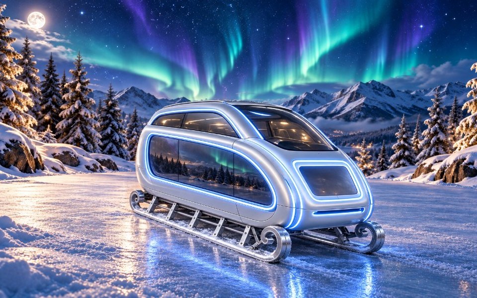 Un traîneau-bus futuriste argenté aux LED bleues, pour voyager avec les lutins