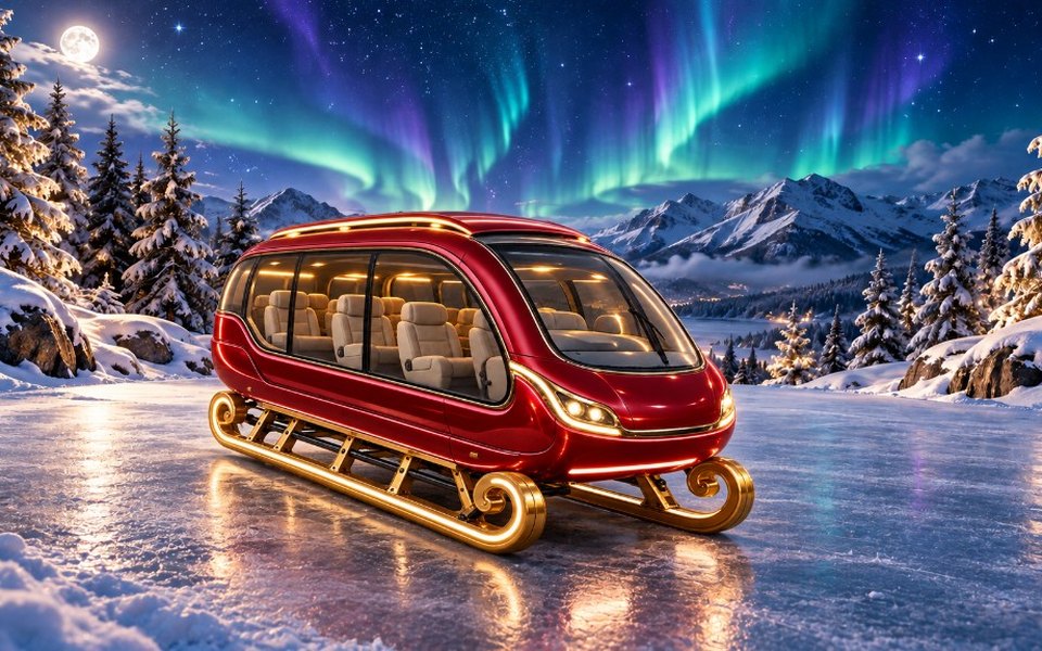 Un traîneau-bus rouge et or aux sièges confortables pour toute l’équipe de lutins