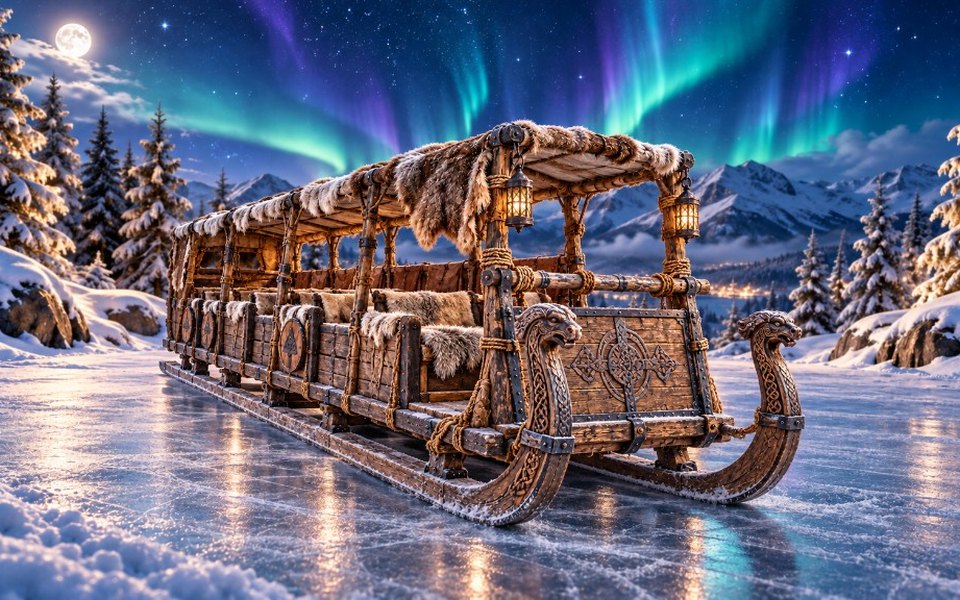 Un grand traîneau viking nordique, couvert de fourrures et de lanternes