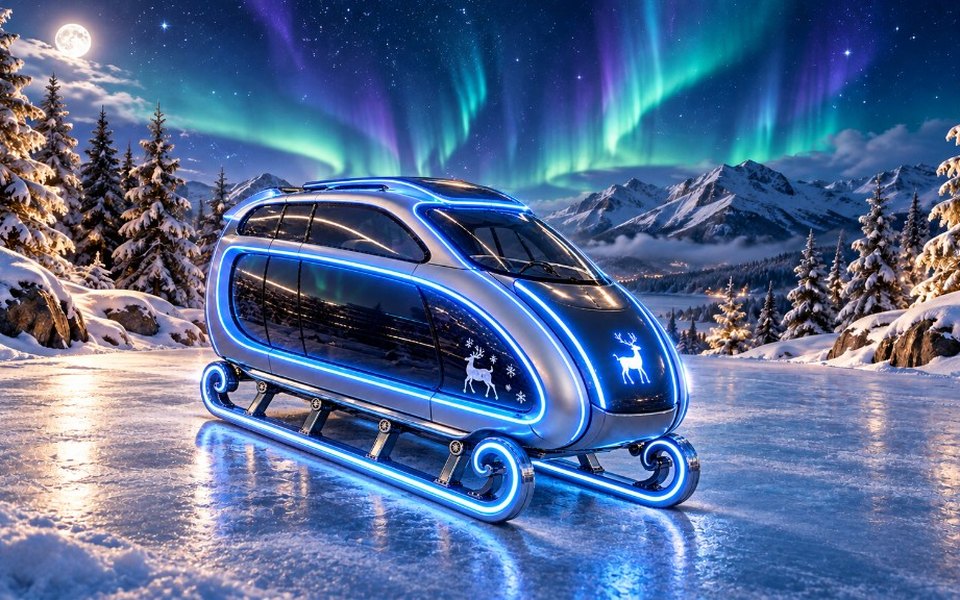 Un traîneau-bus futuriste argenté, bordé de néons bleus