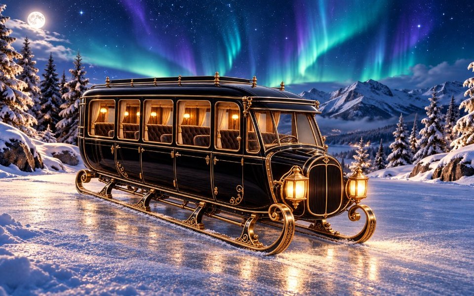 Un élégant traîneau-bus noir et or, d’inspiration Art déco et rétro