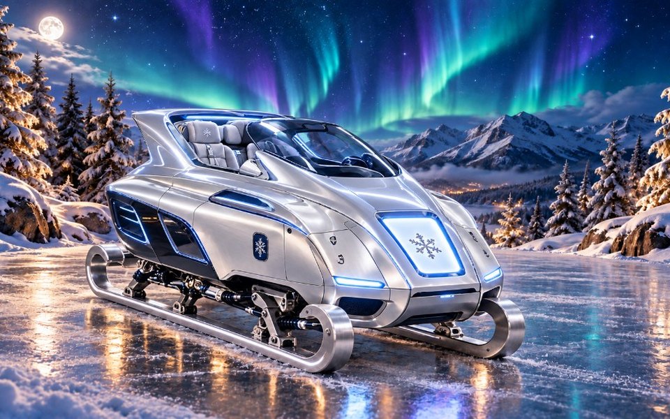 Un traîneau futuriste argenté aux LED bleues, orné d’un flocon