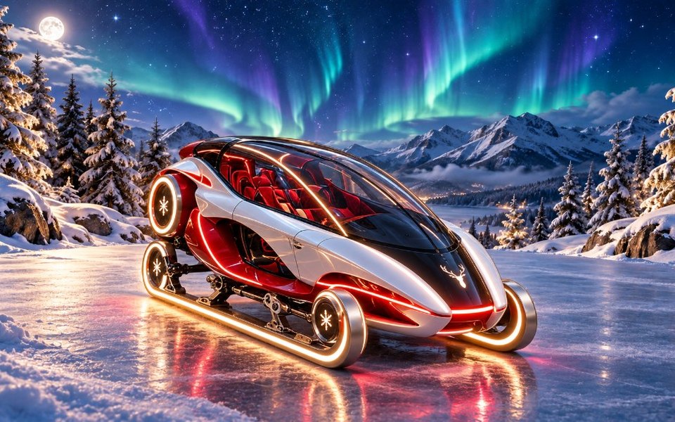 Un traîneau futuriste rouge et argent aux lignes lumineuses
