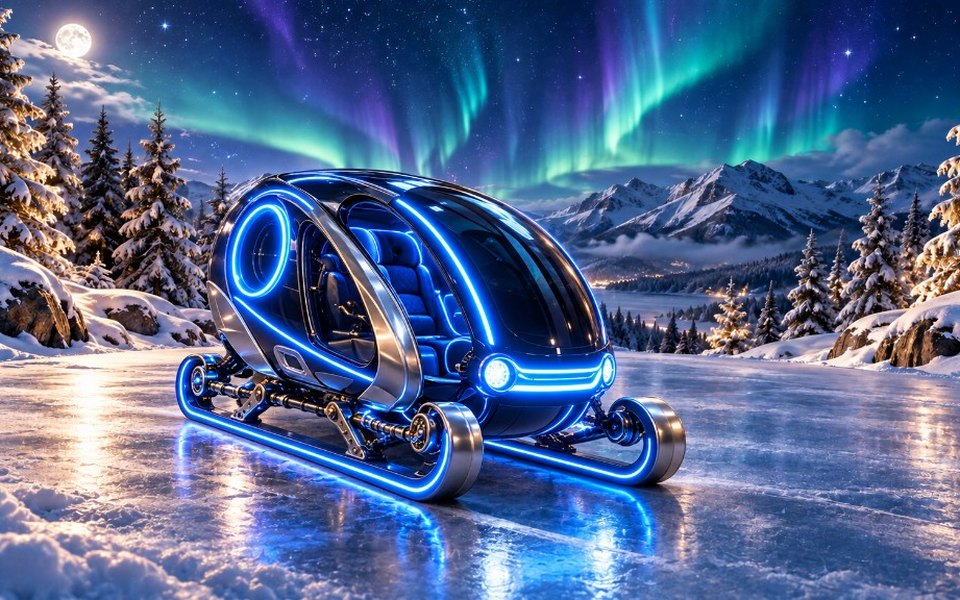 Un traîneau futuriste aux néons bleus