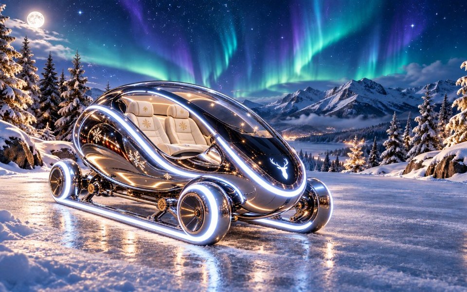 Un traîneau futuriste en chrome, à roues lumineuses