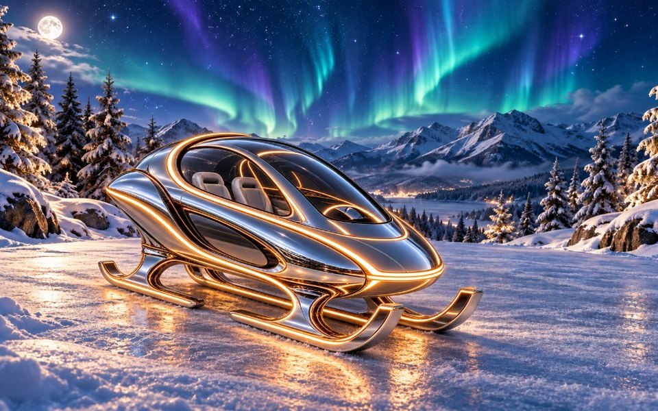 L’Aurora, traîneau futuriste en chrome aux accents dorés
