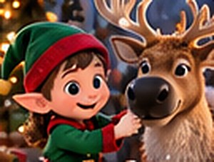 Polochon, le lutin gardien des rennes, avec un renne