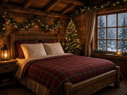 Une chambre cosy avec un édredon écossais et un petit sapin