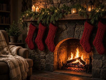 La cheminée en pierre et ses chaussettes de Noël