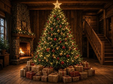 Le grand sapin illuminé entouré de cadeaux