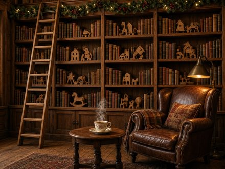 La bibliothèque du Père Noël et son fauteuil en cuir