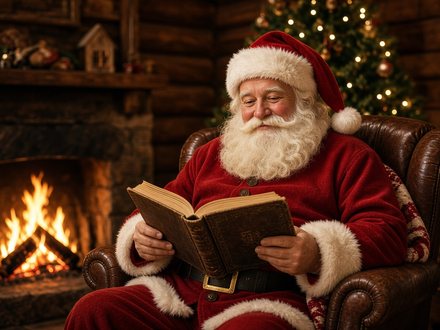 Le Père Noël lit un grand livre au coin du feu