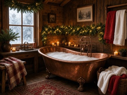 La salle de bain avec sa baignoire en cuivre