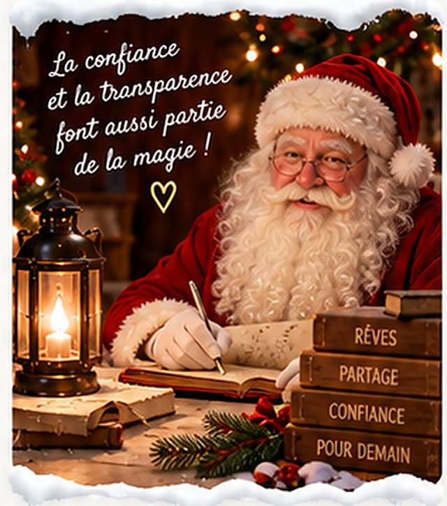 Le Père Noël écrit à son bureau : La confiance et la transparence font aussi partie de la magie ! Rêves, partage, confiance, pour demain.