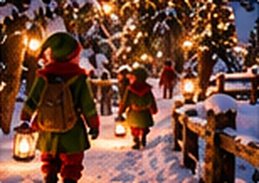 Des lutins montent le sentier éclairé de lanternes
