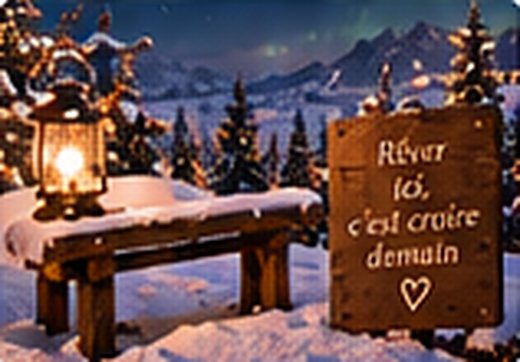 Un banc enneigé et un panneau : « Rêver ici, c’est croire demain »