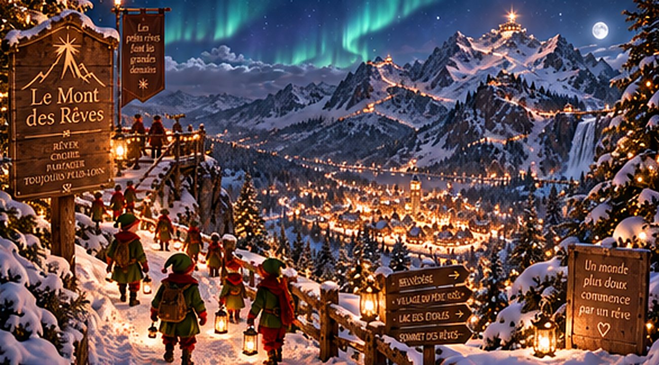 Des lutins avec leurs lanternes gravissent le sentier du Mont des Rêves, sous les aurores boréales, au-dessus du village illuminé