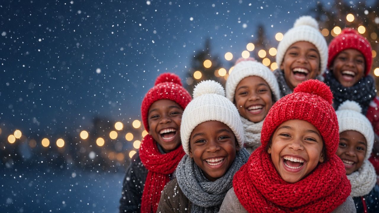 Des enfants rieurs sous la neige en bonnets et écharpes rouges