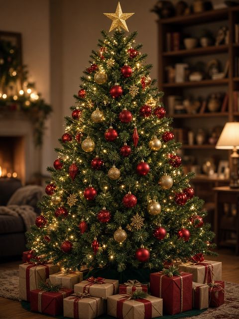 Un sapin de Noël classique décoré de boules rouges et dorées dans un salon chaleureux