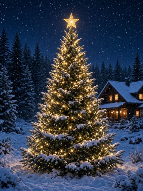 Un grand sapin illuminé dans un jardin enneigé, de nuit