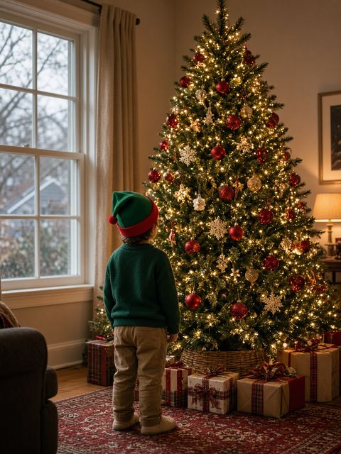 Un petit enfant en bonnet de lutin regarde un grand sapin illuminé