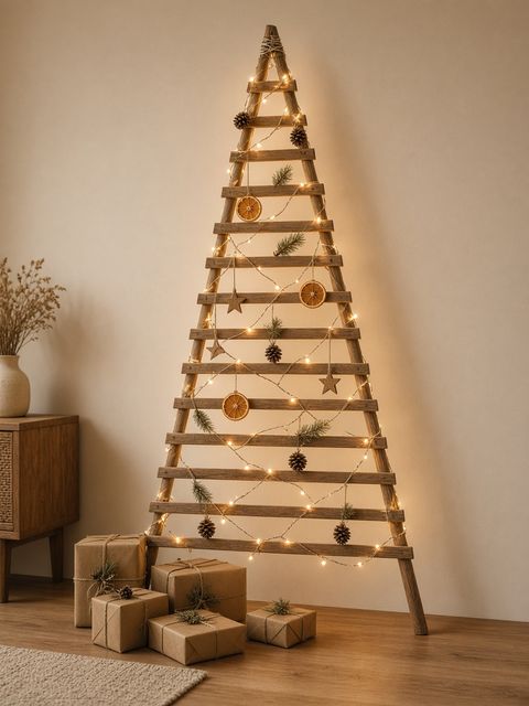 Un sapin fait maison en échelle de bois décorée de guirlandes