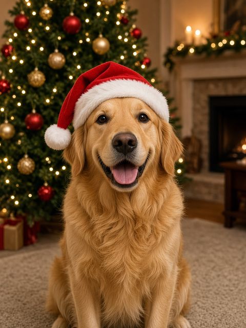 Un golden retriever en bonnet de Père Noël devant un sapin