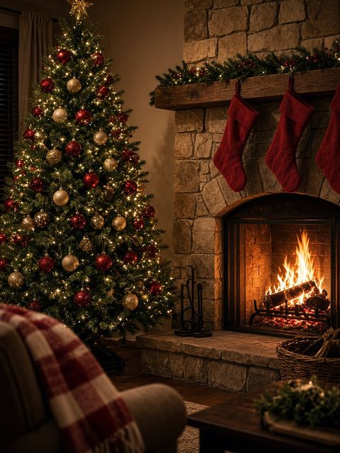 Un sapin de Noël près d'une cheminée avec des chaussettes rouges