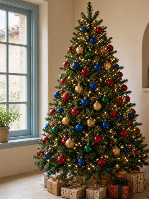 Un sapin aux boules multicolores devant une fenêtre