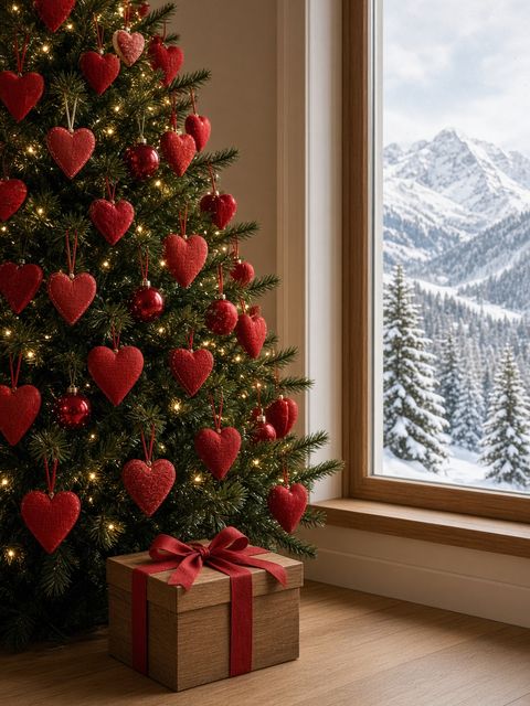Un sapin décoré de cœurs rouges devant une fenêtre sur la montagne enneigée