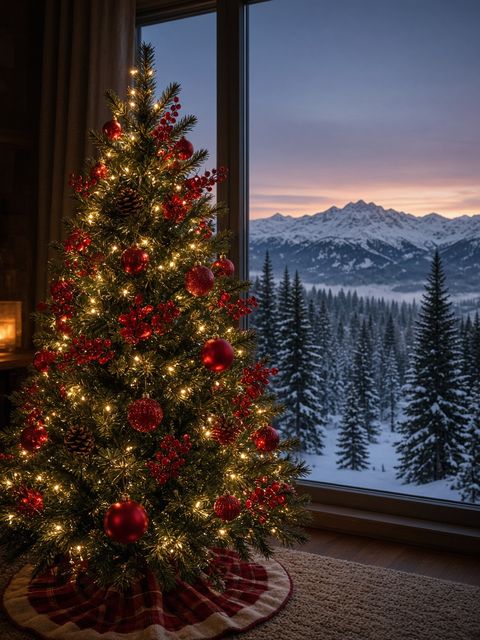 Un sapin illuminé devant une grande fenêtre sur les montagnes au crépuscule