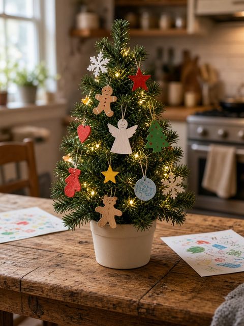 Un petit sapin de table décoré de bricolages d'enfants