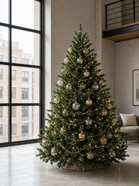 Un sapin moderne aux guirlandes dorées dans un loft lumineux