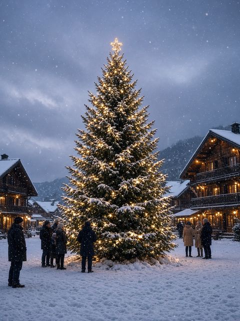 Un grand sapin illuminé sur la place d'un village enneigé