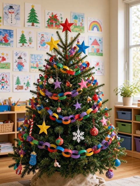 Un sapin décoré de guirlandes en papier dans une salle de classe