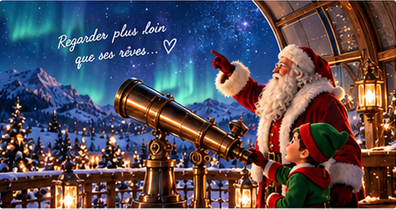 Le Père Noël et un lutin observent les aurores boréales au télescope : Regarder plus loin que ses rêves…
