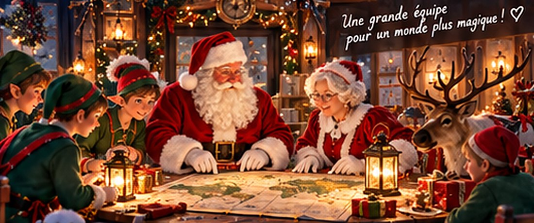 Le Père Noël, la Mère Noël, les lutins et un renne réunis autour de la grande carte de la tournée, avec le message « Une grande équipe pour un monde plus magique ! »