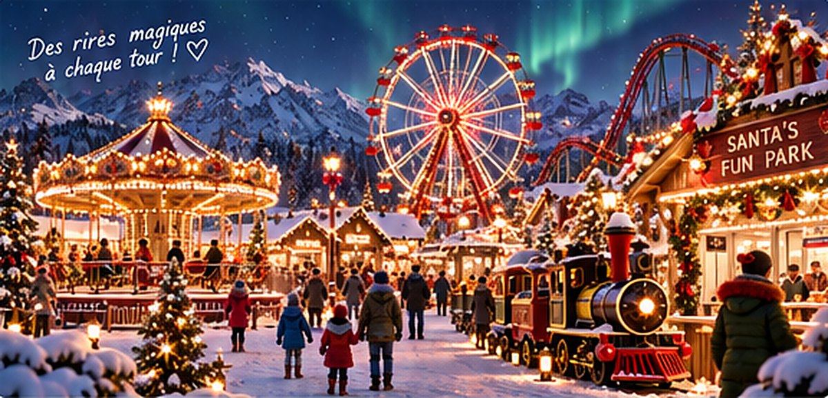 Le parc d’attractions du Père Noël la nuit : grande roue, carrousel, petit train et Santa’s Fun Park sous les aurores boréales. Des rires magiques à chaque tour !