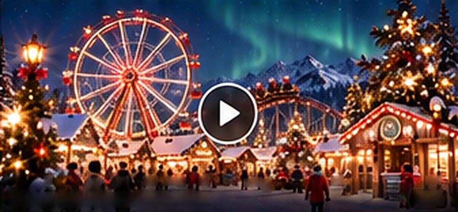 Le parc d’attractions illuminé, grande roue et chalets enneigés