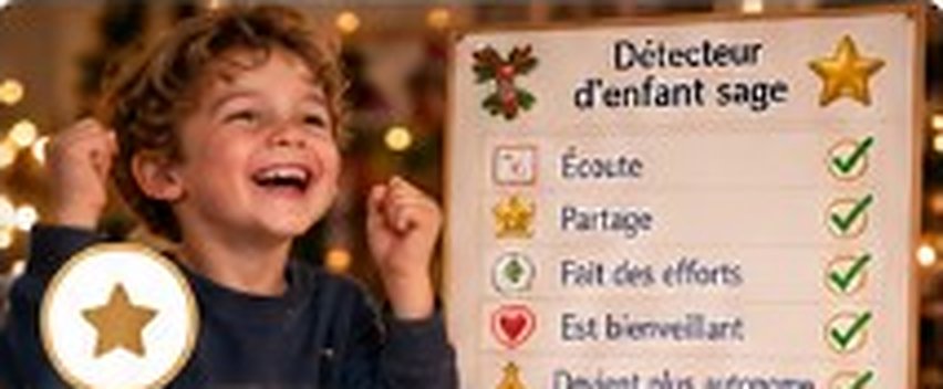 Un enfant joyeux devant le tableau « Détecteur d’enfant sage »