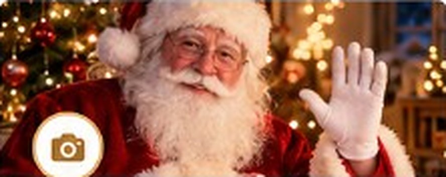 Le Père Noël vous salue de la main devant son sapin illuminé