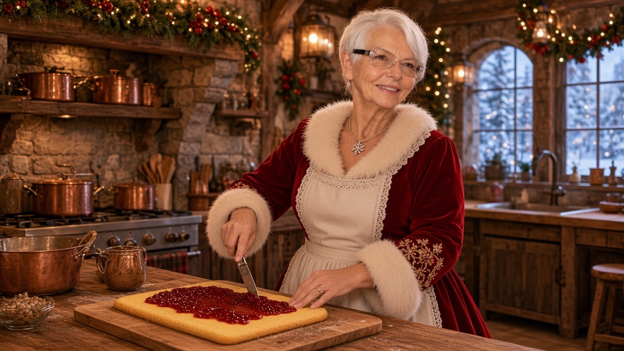 Gâteau roulé à la confiture, préparé par la Mère Noël