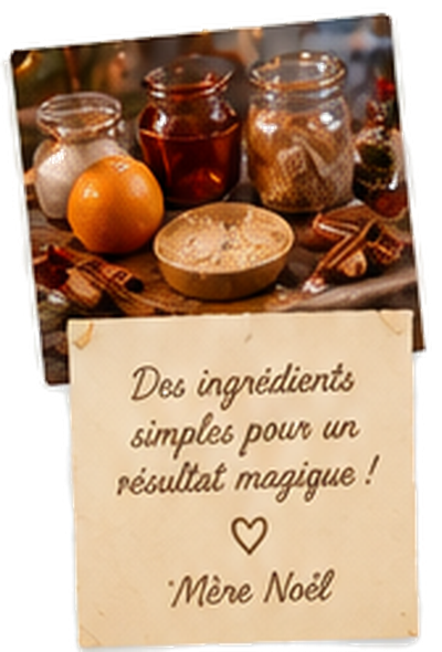 Photo des ingrédients et petit mot de la Mère Noël : Des ingrédients simples pour un résultat magique !