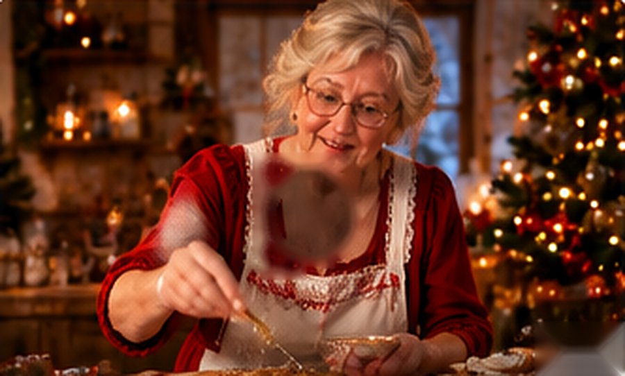 La Mère Noël prépare des biscuits dans sa cuisine