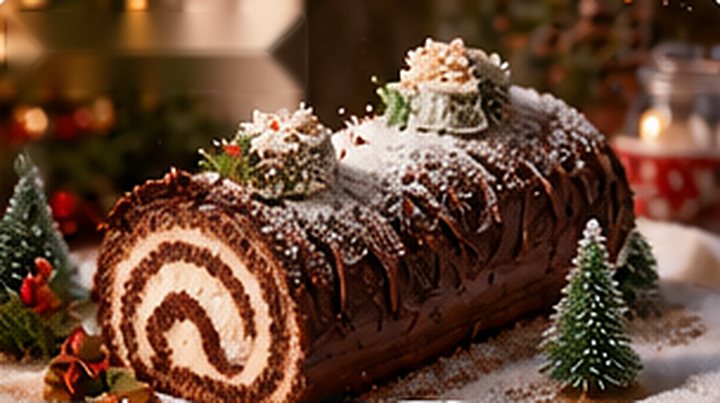 Bûche de Noël au chocolat décorée de petits sapins