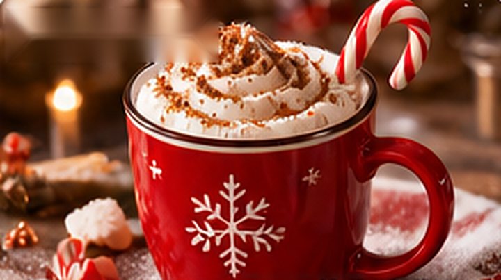 Tasse rouge de chocolat chaud avec chantilly et sucre d'orge