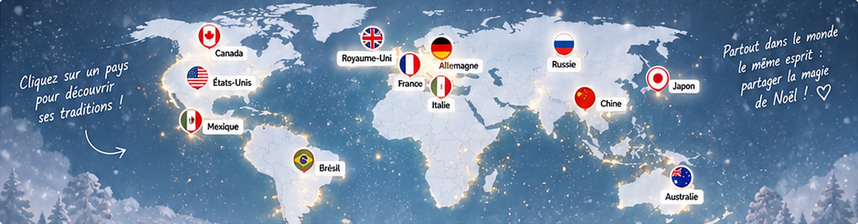Carte du monde des traditions de Noël avec le Canada, les États-Unis, le Mexique, le Brésil, le Royaume-Uni, la France, l'Allemagne, l'Italie, la Russie, la Chine, le Japon et l'Australie
