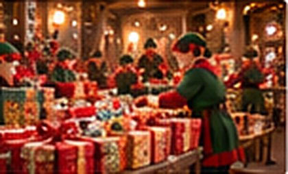 Des lutins emballent des piles de cadeaux